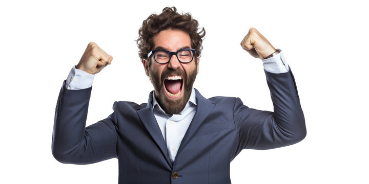 an adult man shouts expressively joyfully, celebrates victory, clenching his fists upward, png file of isolated cutout object on transparent background.