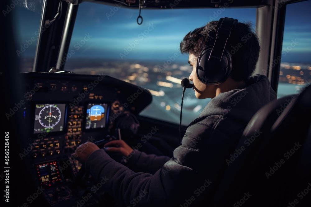 Poster a man is seen sitting in the cockpit of a plane. this image can be used to depict the experience and