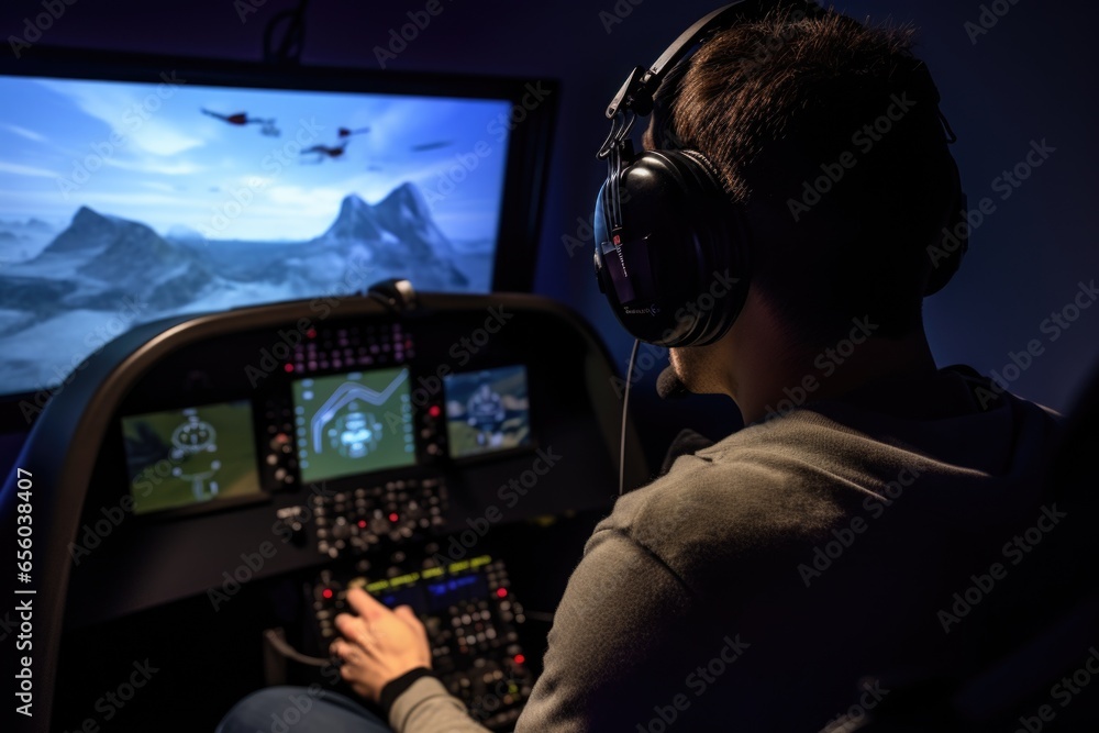 Poster a man is seen wearing headphones while playing a video game. this image can be used to depict the en