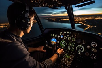 A man is seated in the cockpit of a plane at night. This image can be used to depict aviation, night flights, pilot training, or the excitement of air travel.