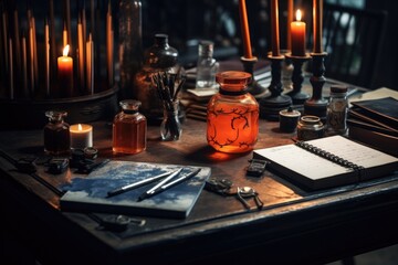 A wooden table with a jar filled with candles. This versatile image can be used to create a cozy atmosphere or to depict relaxation and tranquility.