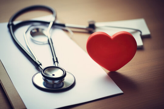 A stethoscope sitting next to a red heart. This image represents the medical concept of caring for the heart. It can be used to illustrate healthcare, cardiology, or medical topics.