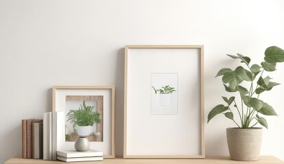 Blank, neutral white wall background, a small vertical wooden frame mockup in a scandinavian interior with a trailing green plant in a pot. Product display.