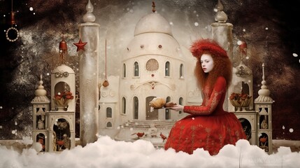 Red-haired girl in red outfit with retro style. A variant of unusual photo shooting. Digital art. Illustration for cover, card, postcard, interior design, decor or print.