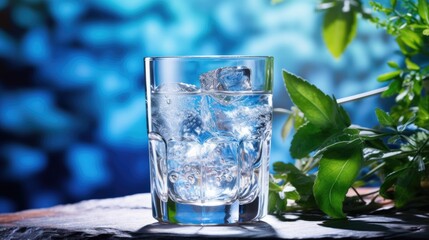Mint in a glass with ice cubes on a white background.