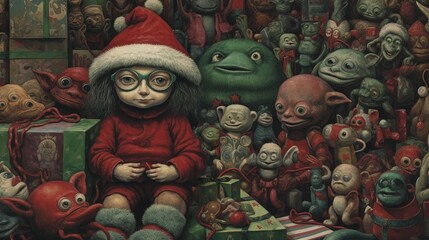 A girl elf in a red cap rests in a warehouse full of toy monsters. Digital art. Illustration for cover, card, postcard, interior design, decor or print.