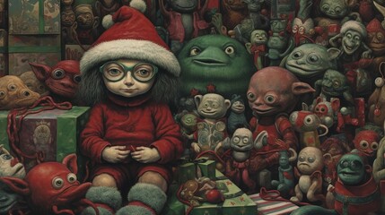 Obraz premium A girl elf in a red cap rests in a warehouse full of toy monsters. Digital art. Illustration for cover, card, postcard, interior design, decor or print.