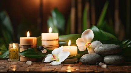Obraz na płótnie Canvas Relaxation spa flatlay: candles, flowers, massage stones. 