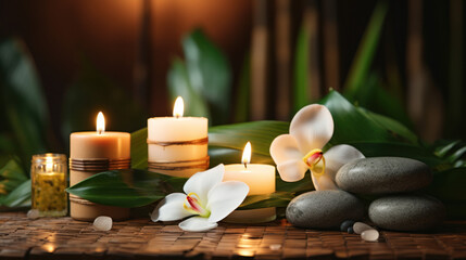 Obraz na płótnie Canvas Luxury spa massage salon concept: burning candles, massage stones, orchids, cozy light. 