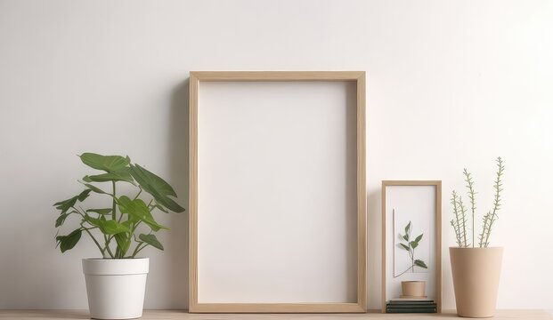 Blank, neutral white wall background, a small vertical wooden frame mockup in a scandinavian interior with a trailing green plant in a pot. Product display.