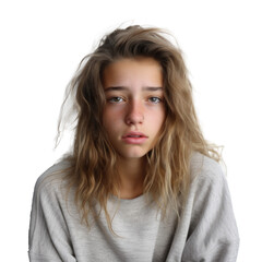 sad teenager girl in a bad mood or sick and has problems, png file of isolated cutout object on transparent background. - obrazy, fototapety, plakaty