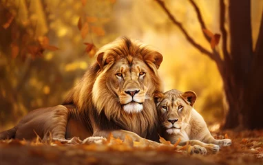 Gordijnen Cute portrait of a male lion and female lioness © giedriius
