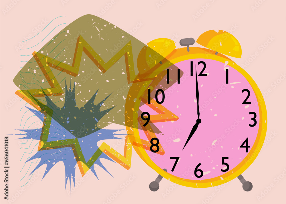 Poster risograph alarm clock wirh speech bubble and geometric shapes. waking up early morning concept with 