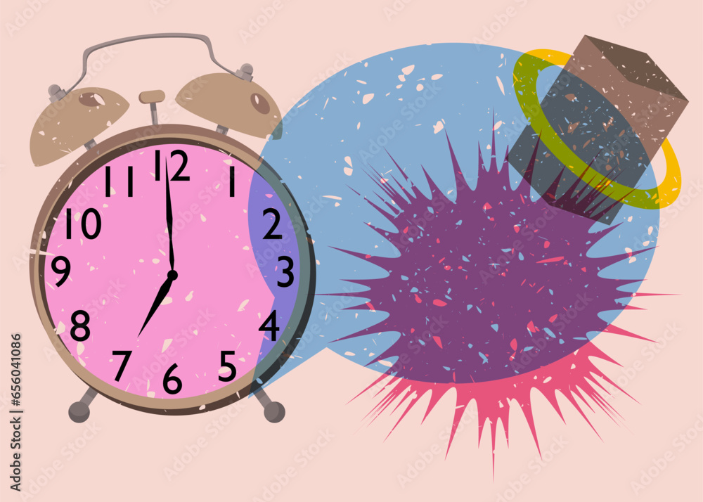 Poster risograph alarm clock wirh speech bubble and geometric shapes. waking up early morning concept with 