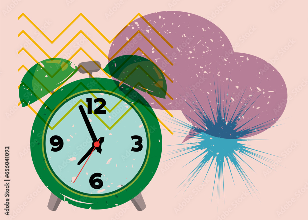 Poster risograph alarm clock wirh speech bubble and geometric shapes. waking up early morning concept with 