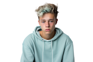 sad teenager boy in a bad mood or sick and has problems, png file of isolated cutout object on transparent background.