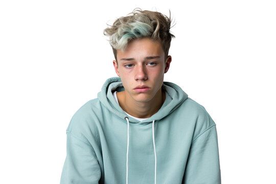 sad teenager boy in a bad mood or sick and has problems, png file of isolated cutout object on transparent background.