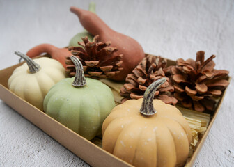 Fall season decorations with small pumpkins in the craft paper box