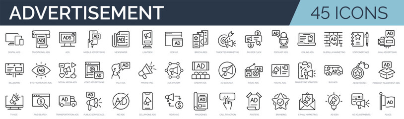 Set of 45 outline icons related to advertisiment, marketing, ads. Linear icon collection. Editable stroke. Vector illustration
