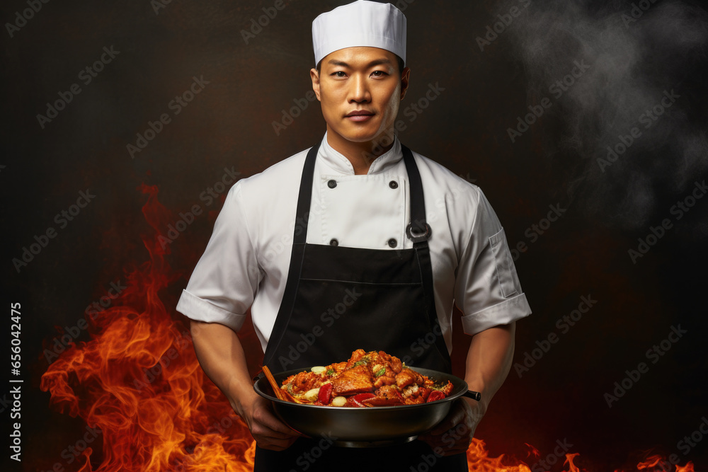 Poster a man in a chef's uniform confidently holds a pan of delicious food. this image is perfect for showc