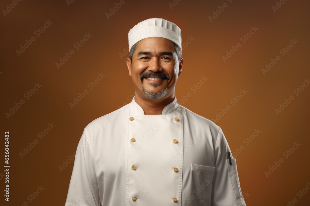 Poster a professional chef wearing a uniform is posing for a picture. this image can be used to represent t