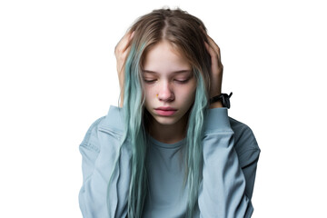sad teenager girl in a bad mood or sick and has problems, png file of isolated cutout object on transparent background.