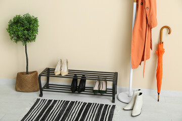 Stand with shoes, houseplant and rack near beige wall in hall
