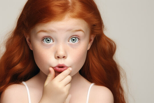A young girl with vibrant red hair is captured in this image, holding her hand to her mouth. This photo can be used to convey surprise, anticipation, or excitement. Perfect for illustrating emotions o