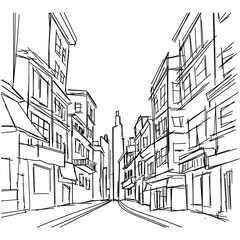 Hand drawn street sketch. Street city drawing. Vector illustration. Square composition.