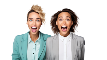joyfully shocked two female businesswoman partners, png file of isolated cutout object on transparent background.