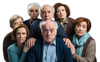 Obraz premium group of sad upset strict disappointed old people pensioners, png file of isolated cutout object on transparent background.