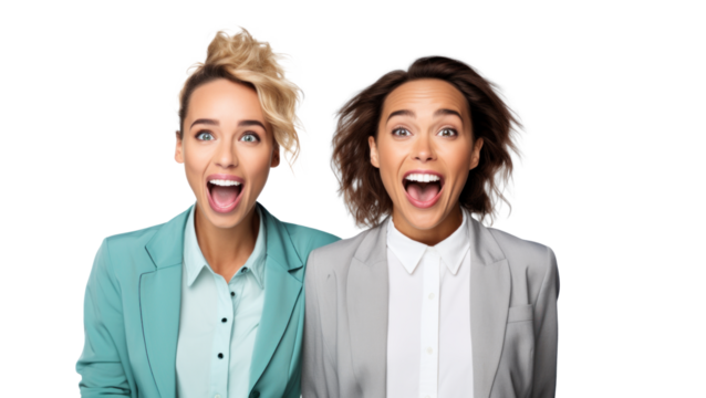 joyfully shocked two female businesswoman partners, png file of isolated cutout object on transparent background. - Powered by Adobe