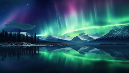 Fototapeta premium Aurora borealis lake snowy trees mountains. Created with Generative AI