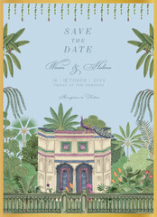 Traditional Indian Mughal Wedding Invitation Card Design. Mughal Palace with peacock and tropical trees vector illustration. - obrazy, fototapety, plakaty