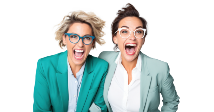joyfully shocked two female businesswoman partners, png file of isolated cutout object on transparent background.