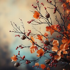 Autumn background, golden leaves on a branch. Blurred backdrop. Concept: nature and landscape, close-up. Free space for copy space. Design banner