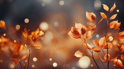Autumn background, golden leaves on a branch. Blurred backdrop. Concept: nature and landscape, close-up. Free space for copy space. Design banner