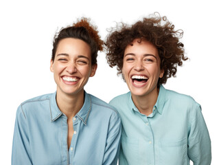 two amazed young women friends, png file of isolated cutout object on transparent background. - obrazy, fototapety, plakaty