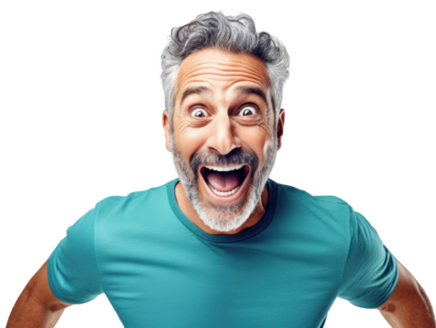 surprised joyful mature man, png file of isolated cutout object on transparent background.