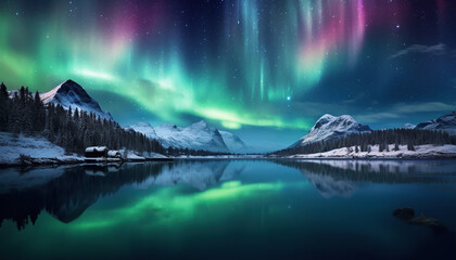 Aurora borealis lake snowy trees mountains. Created with Generative AI