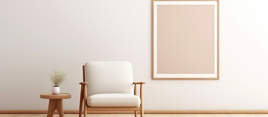 a wooden frame mockup in a trendy minimalist living room with a beige armchair and warm neutral background