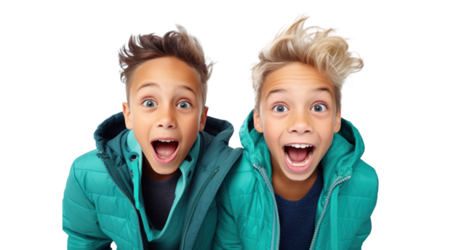 two amazed teenage boys friends, png file of isolated cutout object on transparent background.