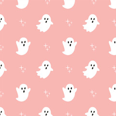 Cute seamless pattern with ghosts on pink background. Halloween pattern for kids. Vector illustration.