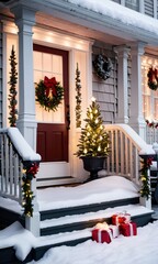 Softly Lit Christmas Decorations On A Snowy Front Porch