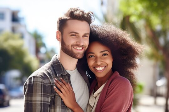 Smiling Young Black Woman And Caucasian Man, Multiethnic Couple, Looking At The Camera