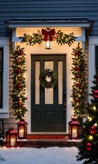 Fototapeta na wymiar Christmas Lanterns Casting Light On A Festive Wreath, Twilight, Outdoor Front Porch, Medium Shot.