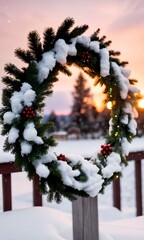 A Close-Up Of A Snowy Wreath Adorned With Twinkling Lights, Against A Sunset Sky.