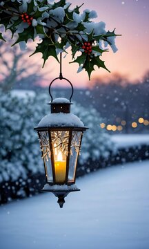 A Lantern Illuminating Icy Mistletoe, With Falling Snowflakes, Shot At Twilight.