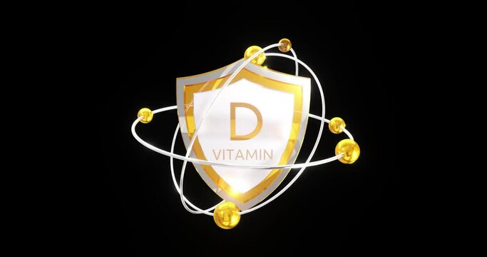 vitamin d inscription on shield as a symbol of defense, rotating orbits with atoms, alpha channel video