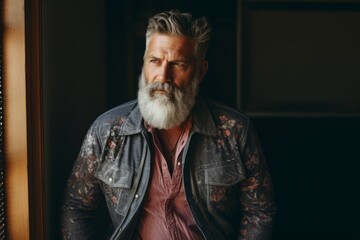 Portrait of a handsome mature man with a gray beard and mustache in a denim jacket on a dark background